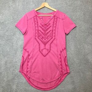 RuffHewn Tunic Top Women S Pink Mineral Wash High Low Boho Embroidery V-Neck Tee